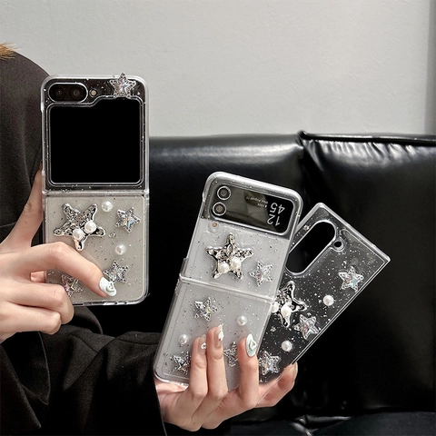 Phone Case Transparent Glitter Silver Foil 3D Star Faux Artificial Pearl Decor For Foldable Screen Sweet Cool Y2K Style