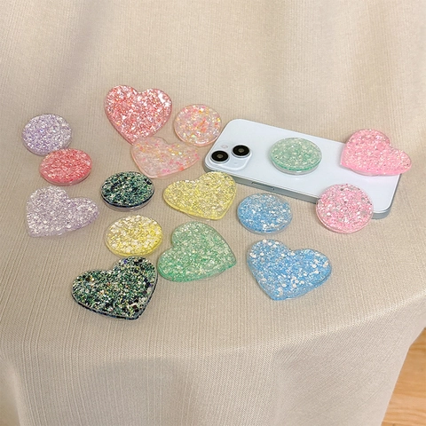 Supporto Per Telefono Griptok Brillantini Cuore Rotondo Estensione Plastica Trasparente Supporto Decorativo Pieghevole