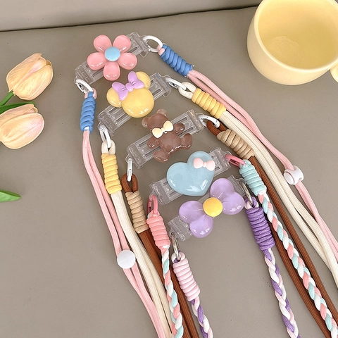 Cute Cartoon Bear Flower Heart Phone Back Clip Adjustable Crossbody Woven Rope Neck Lanyard Anti-fall Mobile Phone Strap For Women