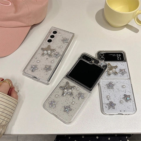 Phone Case Transparent Glitter Silver Foil 3D Star Faux Artificial Pearl Decor For Foldable Screen Sweet Cool Y2K Style