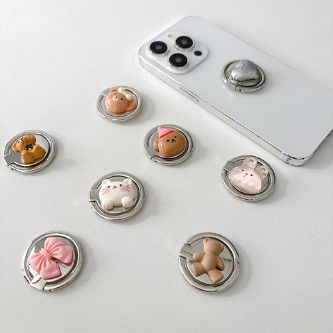 Soporte De Anillo Para Teléfono Celular De Metal Y Resina Oso Conejo Agarre De Dedo Giratorio Plegable Adhesivo Kawaii