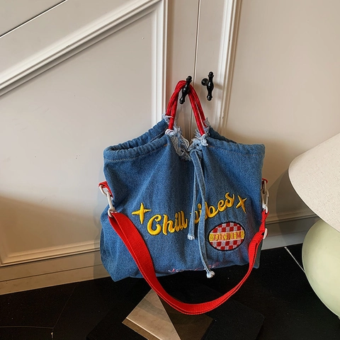Damen Denim Schultertasche Große Kapazität Stickerei Eimer Tote Tasche Retro Streetwear Kordelzug