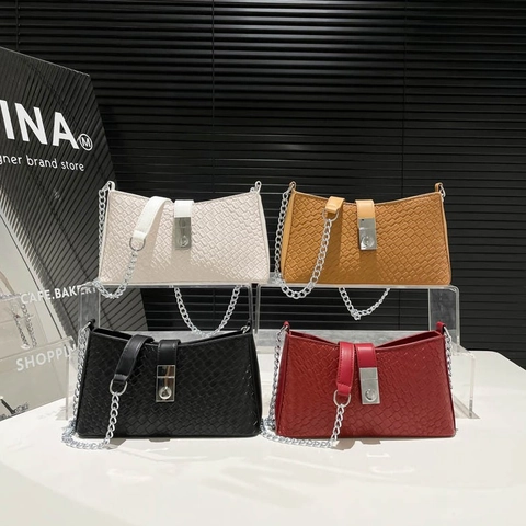 Borsa Sottobraccio In Pelle PU Intrecciata Per Donna Con Catena In Metallo Argentato Piccola Borsa A Tracolla Quadrata Minimalista