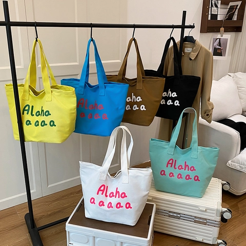 Große Kapazität Canvas Tote Bag Buchstaben Druck Minimalistische Lässige Schulterhandtasche Damen Ästhetische Einkaufstasche