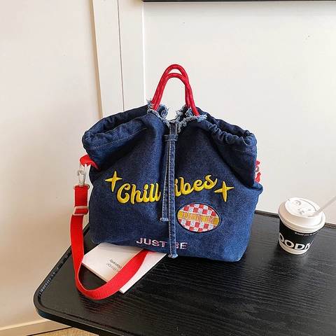 Bolso de Hombro de Denim para Mujer Bordado Bandoulière Tote Color de Contraste Cordón Bolso de Mano Borde Deshilachado Casual Viaje Diario