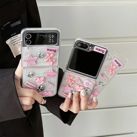 Transparant Telefoonhoesje Voor Samsung Z Flip Fold Roze Ballonhond Hart Ster Y2K Stijl PC Steentjes Glitter Cover