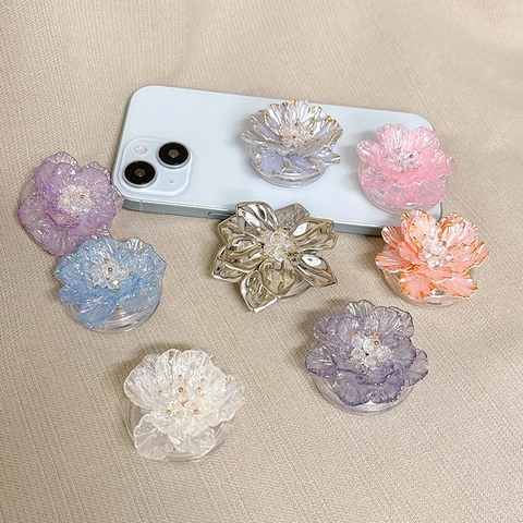 Support de Téléphone Rétractable Forme Fleur Support Adhésif Extensible Style Coréen Luxe Irisé Nacré pour Smartphone