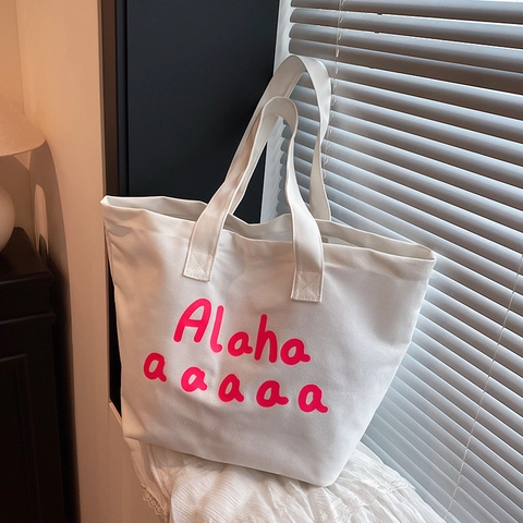 Große Kapazität Canvas Tote Bag Buchstaben Druck Minimalistische Lässige Schulterhandtasche Damen Ästhetische Einkaufstasche