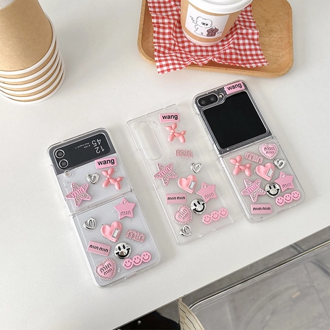 Transparant Telefoonhoesje Voor Samsung Z Flip Fold Roze Ballonhond Hart Ster Y2K Stijl PC Steentjes Glitter Cover