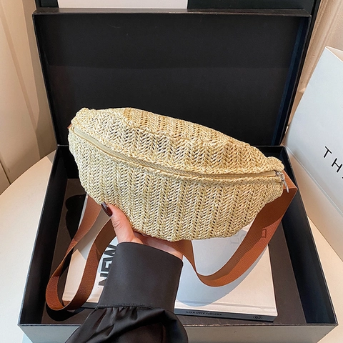 Nuevo Bolso de Pecho de Paja Tejida para Mujer Riñonera Informal Ligera con Correa Ancha Ajustable Bolso Bandolera Pequeño Boho