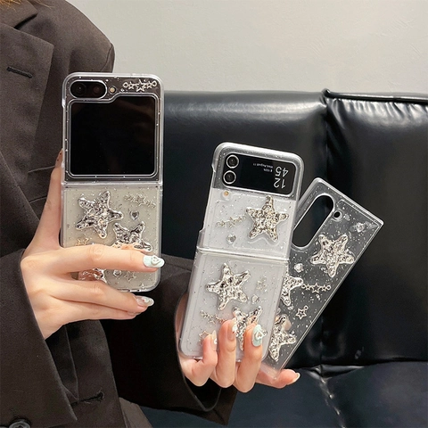 Samsung Galaxy Z Flip Fold Protective Case Transparent Glitter Silver 3D Star Luxury Sparkly Y2K Shell For Women
