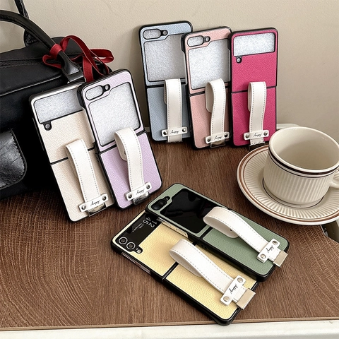 Funda Plegable Para Teléfono De Cuero Litchi Con Correa De Mano Para Samsung Z Flip Fold Chic Moda Para Mujeres