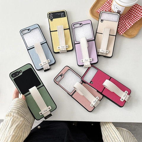 Funda Plegable Para Teléfono De Cuero Litchi Con Correa De Mano Para Samsung Z Flip Fold Chic Moda Para Mujeres