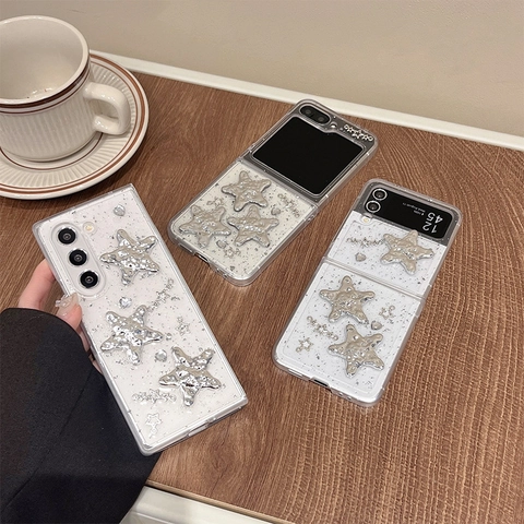 Samsung Galaxy Z Flip Fold Protective Case Transparent Glitter Silver 3D Star Luxury Sparkly Y2K Shell For Women