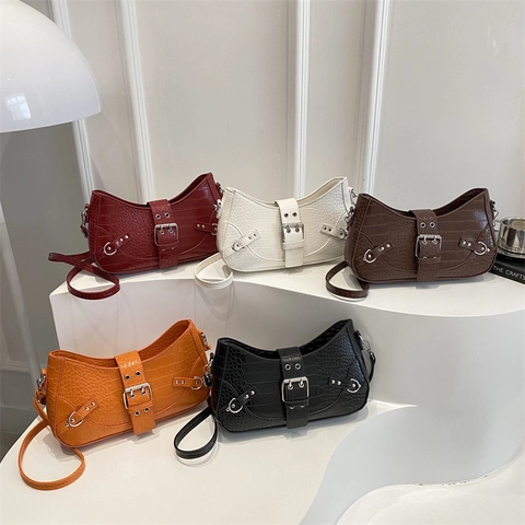 Women Crocodile Pattern Underarm Shoulder Bag Retro PU Leather Hobo Crossbody With Silver Rivet Belt Buckle Niche Design