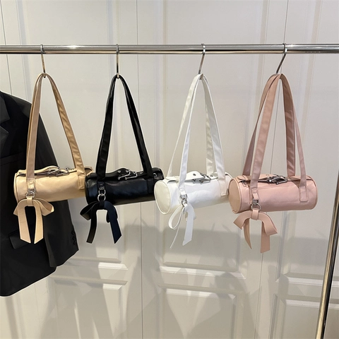 Bolso de Hombro Cilíndrico Minimalista Estilo Coreano para Mujer Cuero PU Lazo Bolso de Axila de Moda Color Sólido