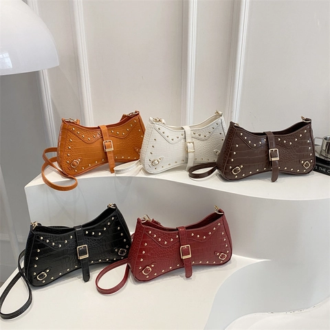 Crocodile Pattern PU Leather Underarm Bag With Gold Rivets Vintage Crescent Shoulder Bag For Women