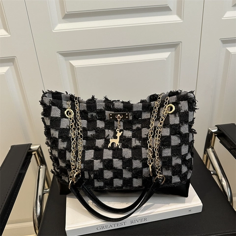 Damen Denim Tote Bag Große Kapazität Fransen Stern Schachbrettmuster Metallkette Schultertasche Pendler Lässig