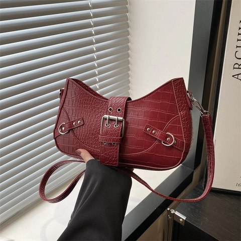 Borsa A Spalla Sottobraccio Donna Motivo Coccodrillo Retro Pelle PU Hobo Tracolla Con Fibbia Cintura Borchie Argento