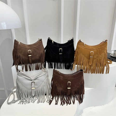 Women's Bohemian Fringed Tassel Shoulder Bag Retro PU Suede Like Crossbody Purse With Adjustable Strap Casual Tote Handbag