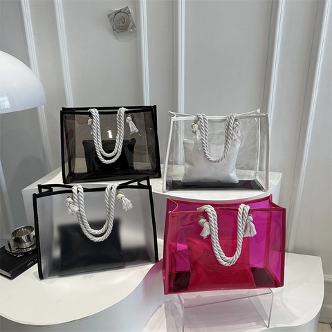 Transparent Tote Handbag With Cotton Rope Handle And Solid Color Inner Pouch For Women Summer Beach Casual Fashionable PVC Bag