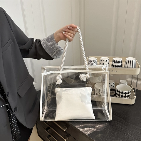 Transparent PVC Tote Bag For Women With Cotton Rope Handles And Inner Pouch Summer Beach Waterproof Shoulder Handbag