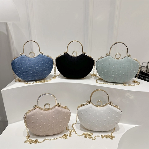 Borsa a Sella Elegante da Donna in Tessuto con Manico in Strass Catena d'Oro Tracolla Trendy per Feste Serali