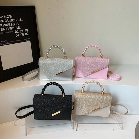 Borsa A Mano Con Paillettes Da Donna In Pelle PU Piccola Borsa A Tracolla Quadrata Manico Intrecciato Festa Elegante