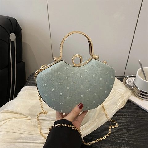 Elegante Borsa da Sera in Tessuto Denim Clutch da Donna Manico ad Anello in Metallo Catena in Strass Borsa a Tracolla Gioiello per Matrimonio