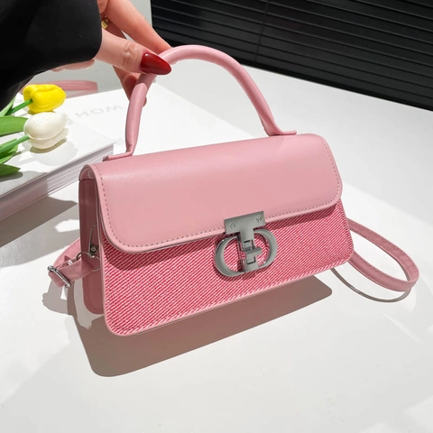 Damen Umhängetasche PU Leder Stoff Spleißen Mini Handtasche Schloss Verschluss Griff Mode Trendy Casual Schultertasche