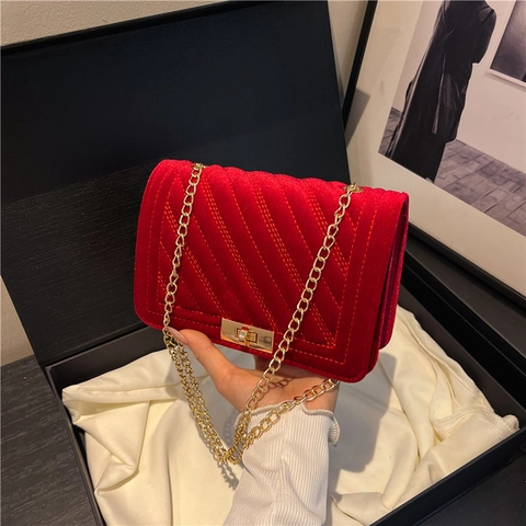 Bolso De Hombro Terciopelo Acolchado Mujer Vintage Chic Bolso Cruzado Cadena Metal Dorada Cierre De Broche Rectangular Moda
