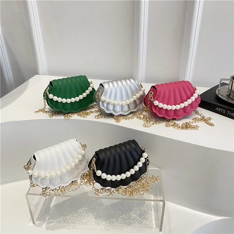 Shell Shaped Mini Crossbody Bag PU Leather With Artificial Pearl Handle And Gold Metal Chain Strap Trendy Elegant Small Handbag Women