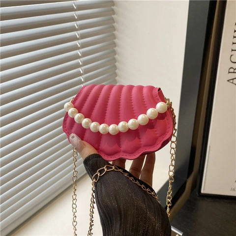 Shell Shaped Mini Crossbody Bag PU Leather With Artificial Pearl Handle And Gold Metal Chain Strap Trendy Elegant Small Handbag Women