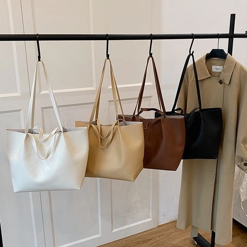 Large Capacity Tote Bag PU Leather Minimalist Solid Color Magnetic Closure Shoulder Handbag For Women Simple