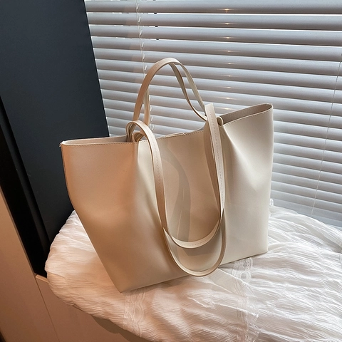 Large Capacity Tote Bag PU Leather Minimalist Solid Color Magnetic Closure Shoulder Handbag For Women Simple