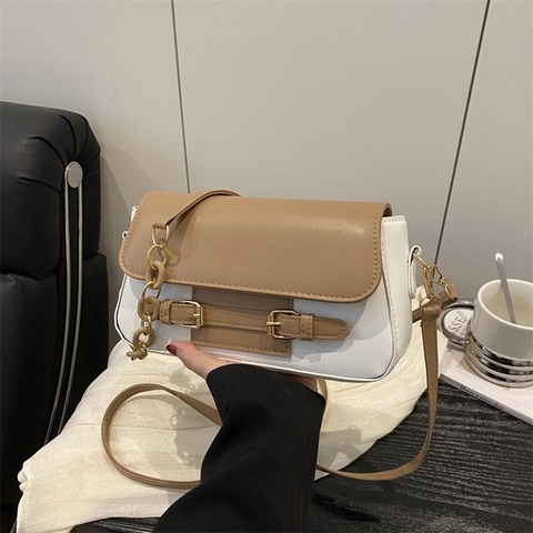 Vintage PU Leer Kleurblok Crossbodytas Voor Dames Chic Stiksels Ontwerp Ketting Schouder Okseltas Elegante Vierkante Flapover Tas