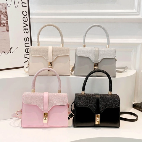Sequin Patchwork PU Leather Crossbody Bag For Women Small Square Handbag With Gold Lock Handle Adjustable Strap