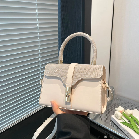 Glitter Sequin Splicing Shoulder Bag PU Leather Handbag With Gold Lock Crossbody Purse For Women Fashion Elegant