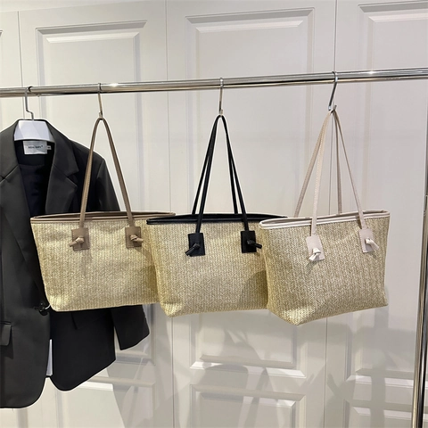 Große Kapazität Stroh Gewebte Tragetasche Für Damen Sommer Lässig Mode Handtasche Kontrastfarbe Umhängetasche Mit Knoten