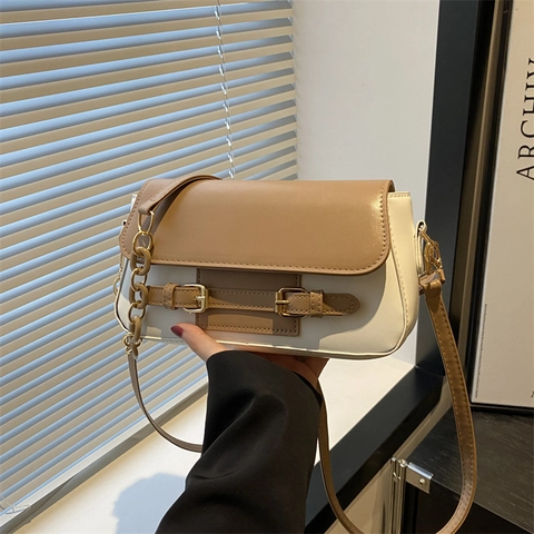 Bolso Cuadrado Pequeño de Cuero PU Vintage para Mujer Color de Contraste Con Correa de Cadena Bolso de Hombro con Solapa para Viaje Diario