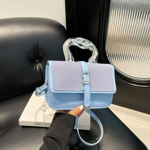 Bolso De Mano Moda Mujer Cuero PU Color En Contraste Bolso De Hombro Bandolera Asa De Metal Solapa Texturizada Cuadrado Pequeño