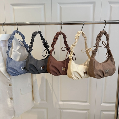 Bolso de Hombro Plisado para Mujer Con Hebilla de Metal de Mariposa Bolso Hobo de PU Casual Color Sólido Minimalista