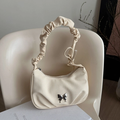 Women Underarm Hobo Bag With Ruched Handle Metal Butterfly Decor Fabric Texture Vintage Trendy Simple Small Shoulder Bag