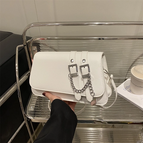 Bolso De Hombro Para Mujer Cuero PU Vintage Bolso De Axila Con Hebilla De Cinturón Decoración De Cadena Bolso Cruzado