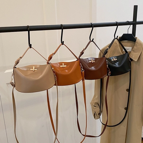 Minimalist PU Leather Bucket Bag For Women Gold Metal Lock Handbag Solid Color Adjustable Shoulder Strap Commuting Crossbody Bag