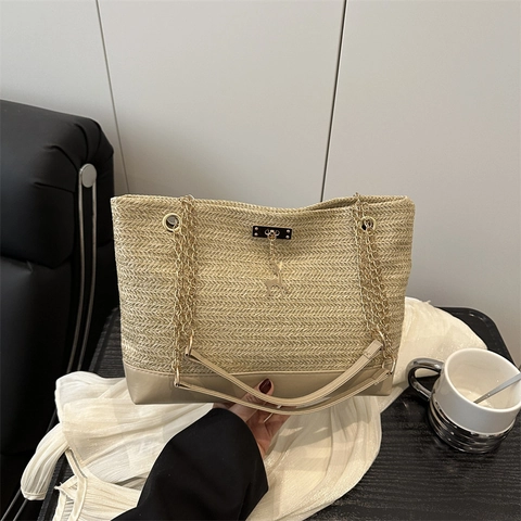 Borsa Tote In Paglia Intrecciata Da Donna Borsa A Mano Grande Capacità Con Catena In Metallo Tracolla In Pelle Ciondolo Cervo Estate