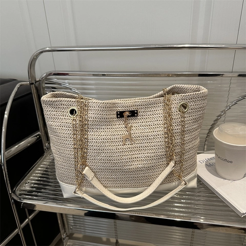 Mode Stroh Gewebte Tote Tasche Für Damen Sommer Strand Urlaub Schultertasche Mit Goldener Kette Hirsch Anhänger Handtasche