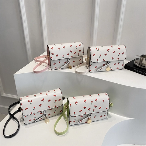 Borsa A Tracolla Con Stampa Ciliegia Dolce Da Donna Borsa A Tracolla In Pelle PU Piccola Borsa A Mano Quadrata Con Patta
