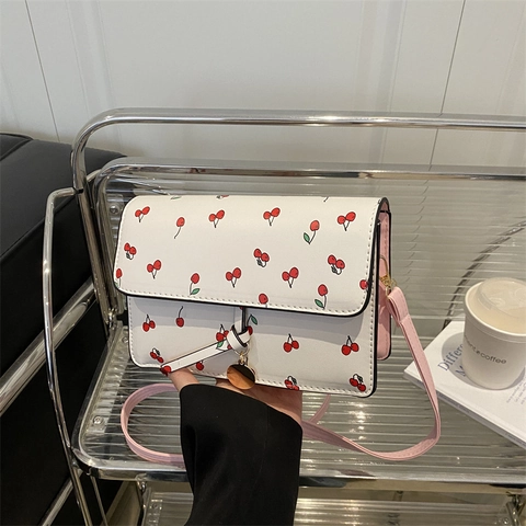 Borsa A Tracolla Con Stampa Ciliegia Dolce Da Donna Borsa A Tracolla In Pelle PU Piccola Borsa A Mano Quadrata Con Patta