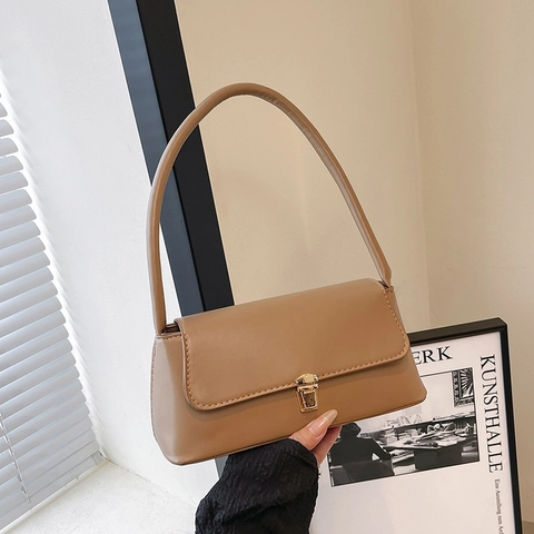 Damen Baguette Tasche Französischer Stil PU Leder Unterachsel Umhängetasche Vintage Minimalistisch Gold Verschluss